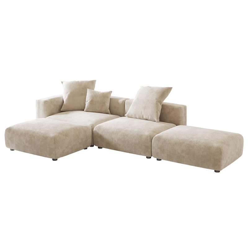 L-shaped Modular Sectional Sofa Corduroy Upholstered Couch with Chaise Ottoman and 3 pillows