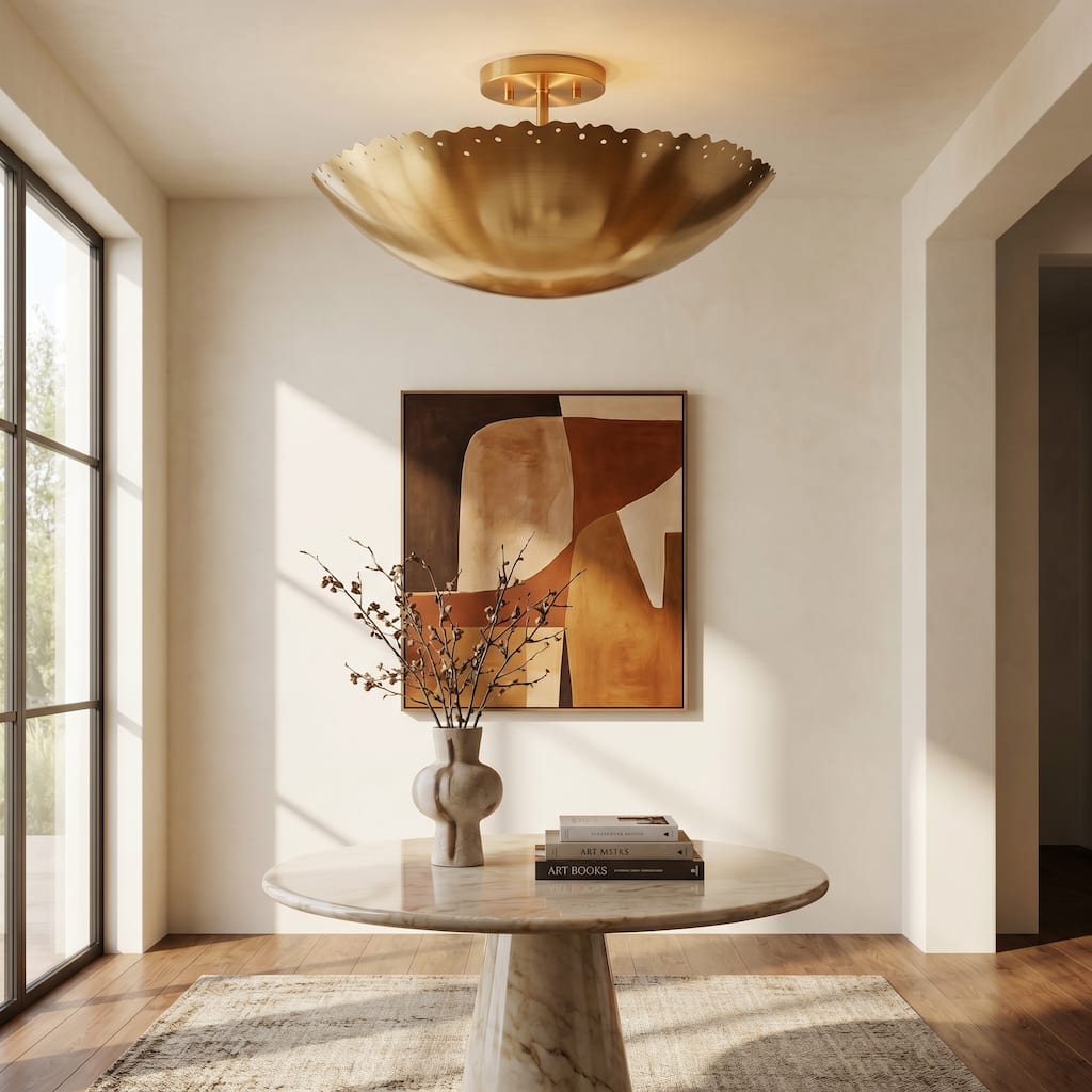 16.8" Vintage Brass 3-Light Metal Semi Flush Mount Ceiling Light with Carved Hollow Frame