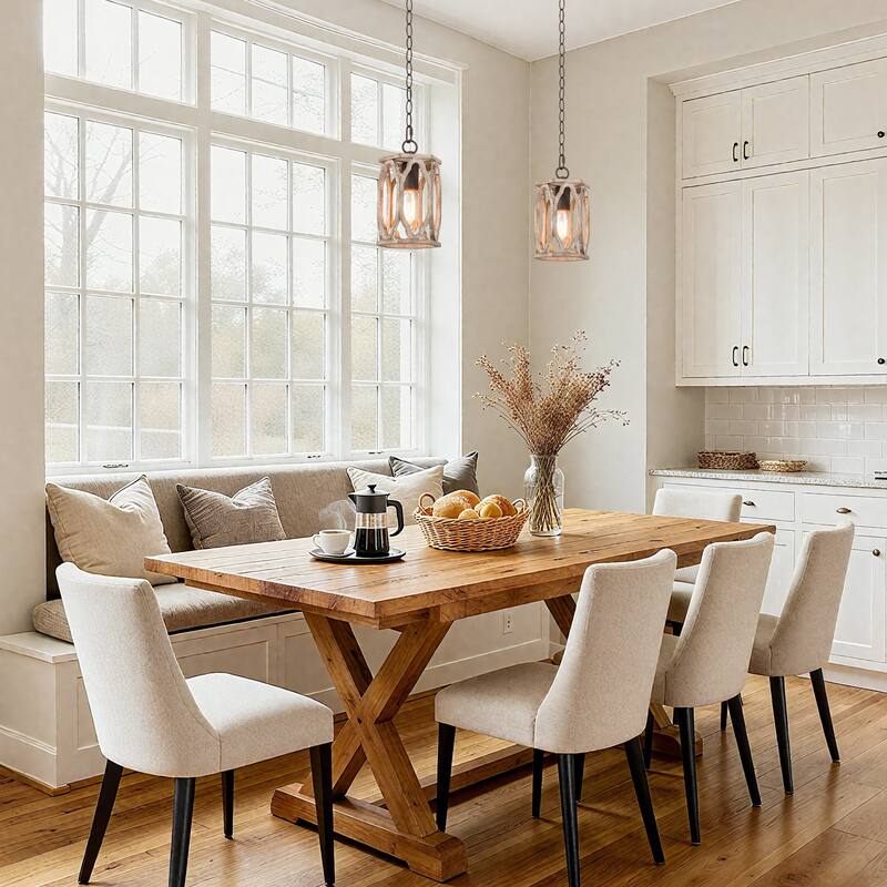 Clovy Farmhouse 1-Light Wood Lantern Pendant Lights for Kitchen Island - D6"x H 69"