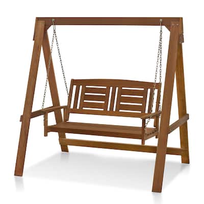 Furinno Tioman Hardwood Hanging Porch Swing with Stand in Teak Oil, Light Wood