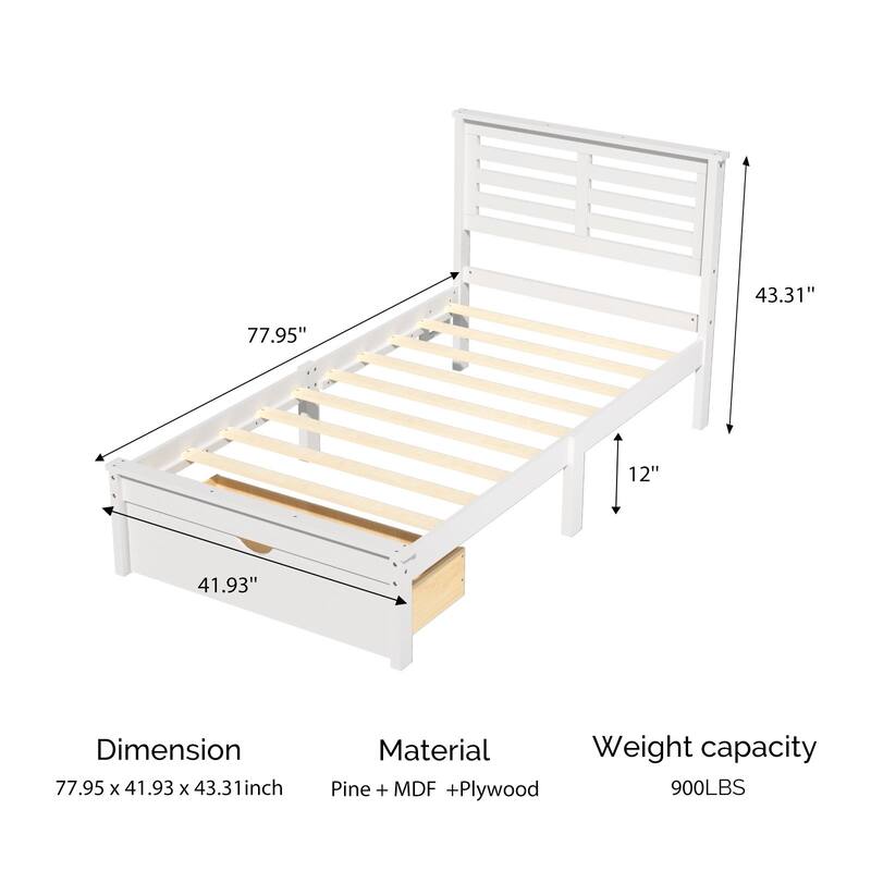 Twin Wood Bed Frame with Charging Station, Lighted Platform Bed, White