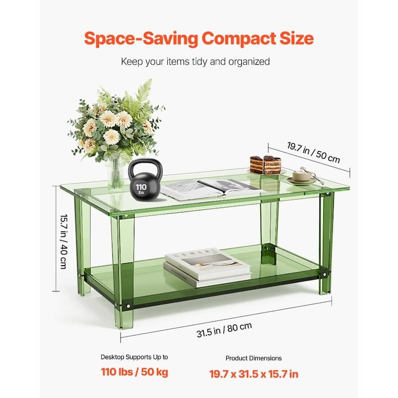 Transparent Green Acrylic 2-Tier Coffee Table with Sturdy Shelves and Modern Design - 19.7 x 31.5 x 15.7 in