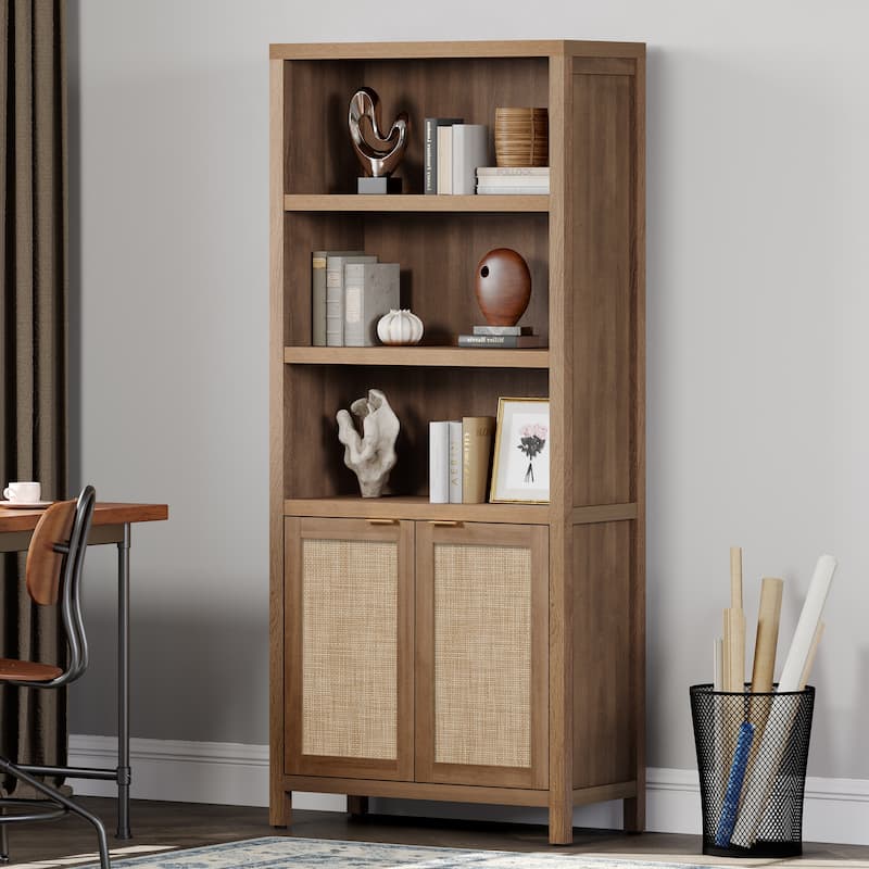 SICOTAS 5 Tier Adjustable Bookcase with Rattan Storage Cabinet - Wood Finish - Brown