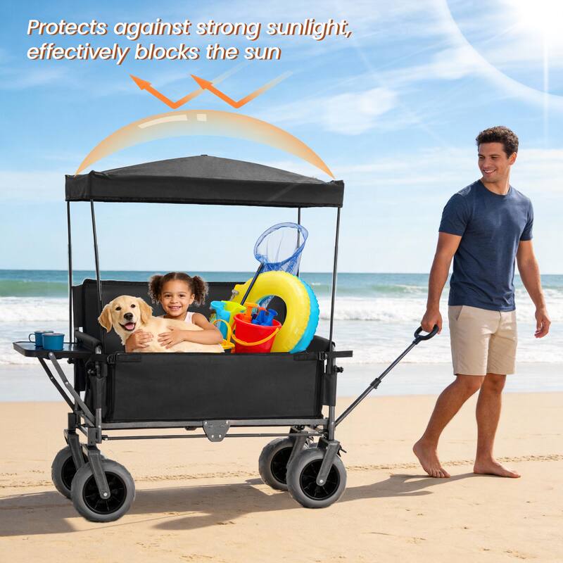 3-in-1 Collapsible Wagon,Convertible Folding Cart with Canopy &Rear-Mounted Folding Tabletop, 500lbs Heavy-Duty, 180L Capacity