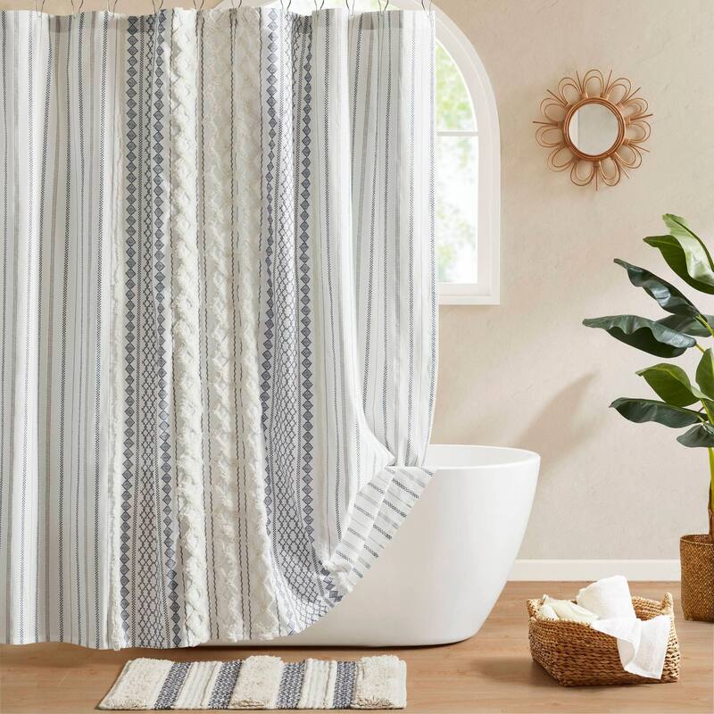 INK+IVY Imani Cotton Printed Shower Curtain with Chenille - White/Navy