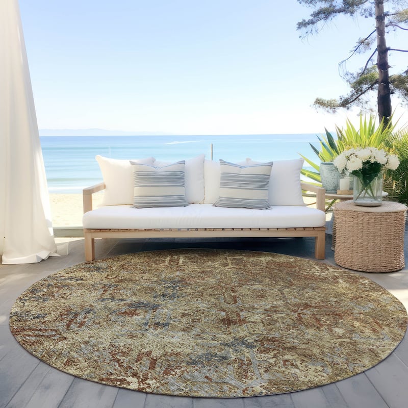Machine Washable Indoor/ Outdoor Chantille Distressed Diamonds Rug - Brown - 8' x 8'