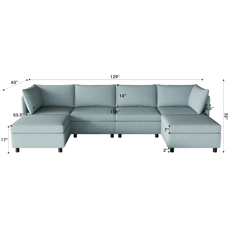 Blue 68" L-Shaped 6-Seater Modular Sofa with Storage