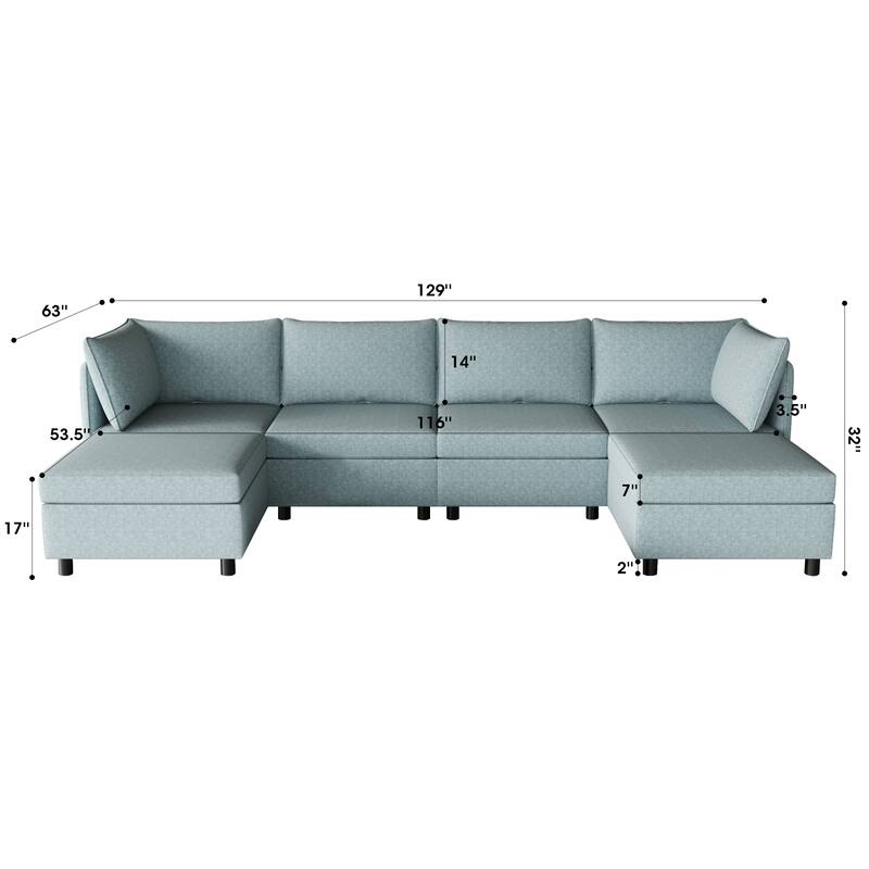 Blue 68'' L-Shaped 6-Seat Modular Sectional Sofa with Storage, Convertible Ottoman, High-Density Foam, and Pocket Springs