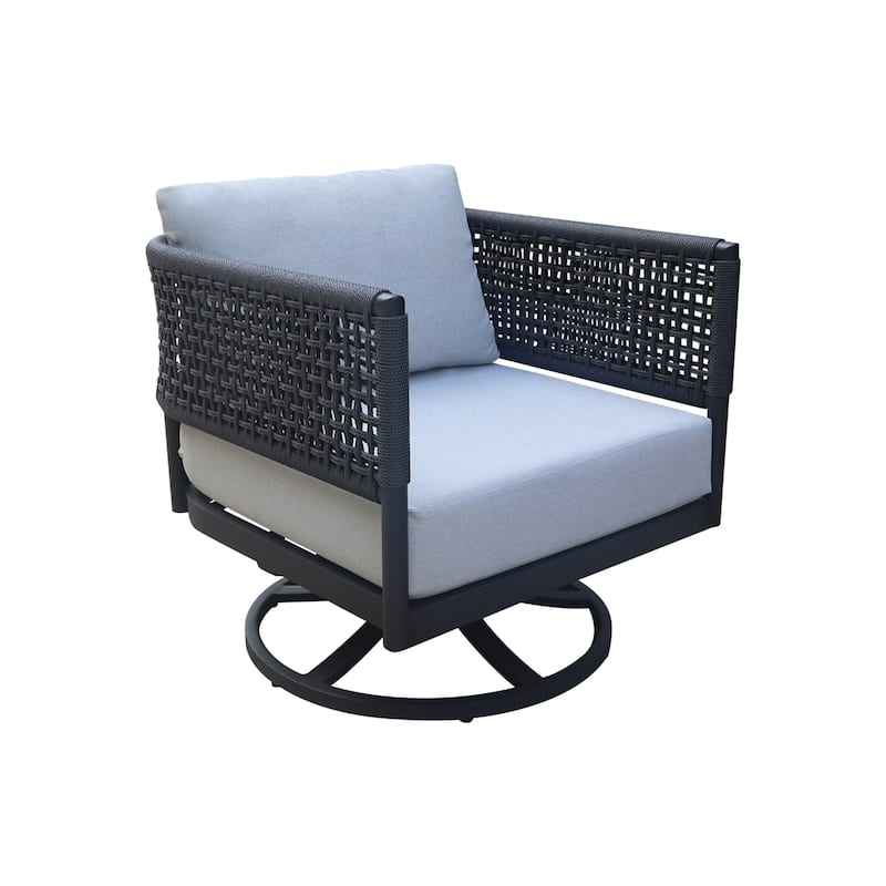 Outdoor 2 Piece Woven Abaca Rope Patio Furniture Set with an End Table and Swivel Rocking Chair