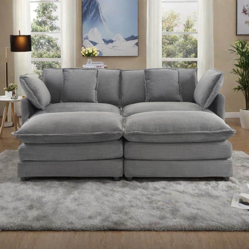 75.6" Corduroy U-Shaped Sectional Sofa with Ottoman and Storage Pockets - DARK GREY