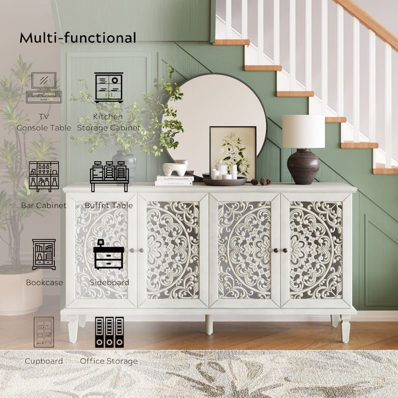 TV Stand Sideboard, Buffet Cabinet with Floral Carvings, Wood Storage Cabinet with Adjustable Shelves