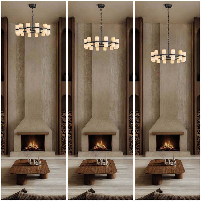 Modern Alabaster Glass Chandelier, Round or Linear Pendant Light with Up & Down Shades, D600-L1370, Copper or Black Finish