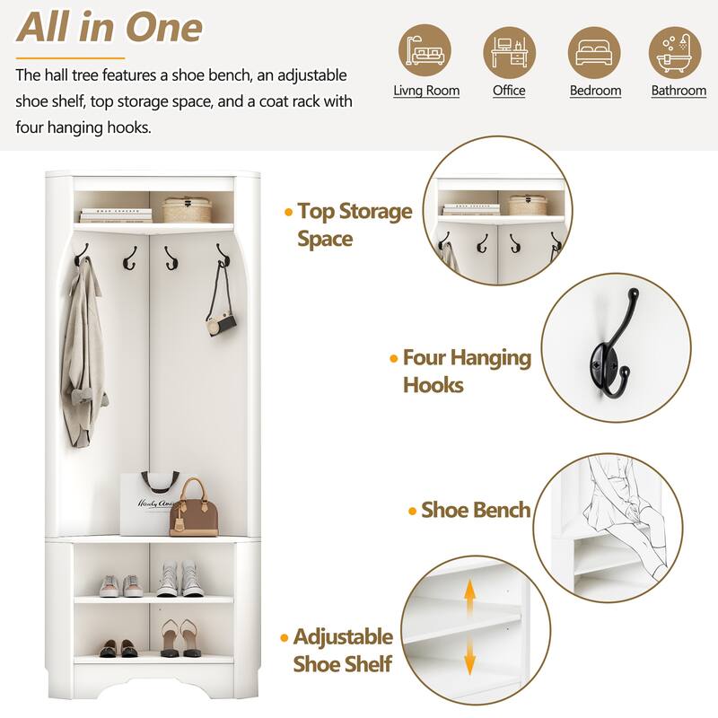 Corner Hall Tree with Shoe Bench - Multifunctional Entryway Coat Rack Featuring 4 Hooks and Adjustable Shelf,29.5''W x 71.6''H"