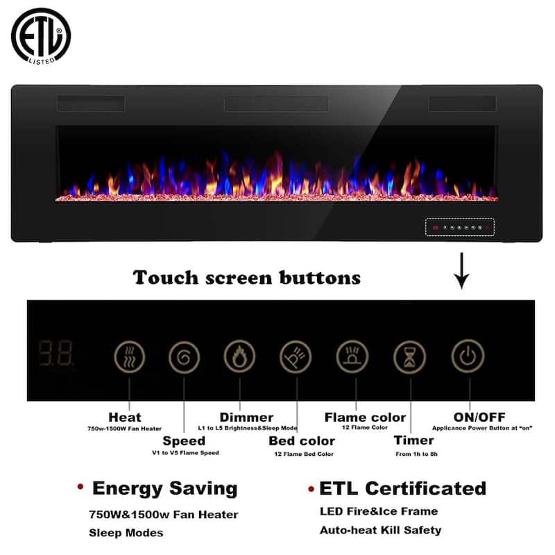 30"-60" Recessed and Wall Mounted Electric Fireplace,750-1500W