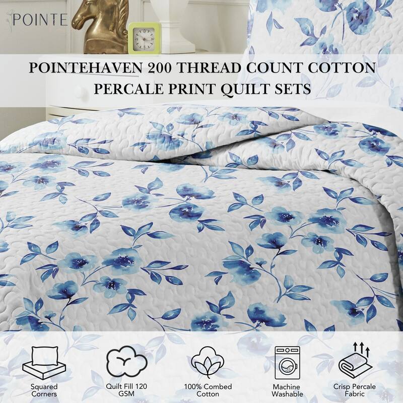Pointehaven Percale Cotton Oversized Printed Scroll Design Quilt Set