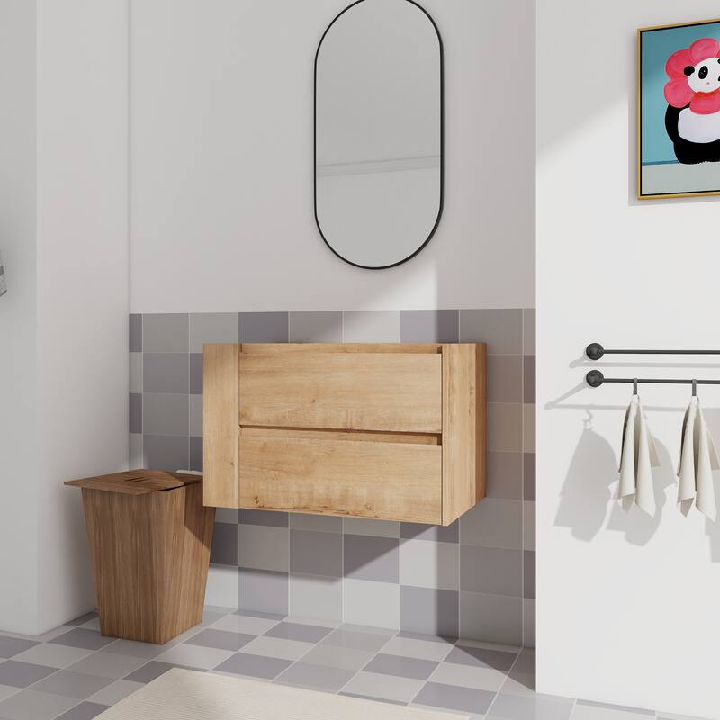 36" Wall-Mounted Bathroom Vanity, Double Soft-Close Drawers, Adjustable Side Rack, 45° Bevelled Invisible Handle