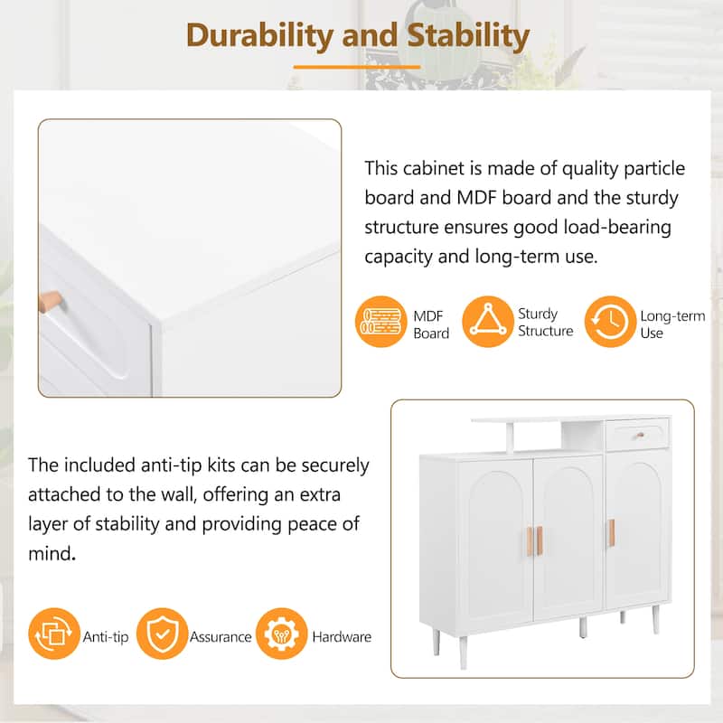 Roomfitters Elegant Shoe Cabinet with Arched Doors, Cream Style Storage Sideboard with Adjustable Shelves and Solid Wood Legs