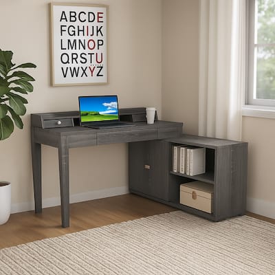 Working Desk with Credenza, 3 Drawers, 55 Inch, Gray and Silver