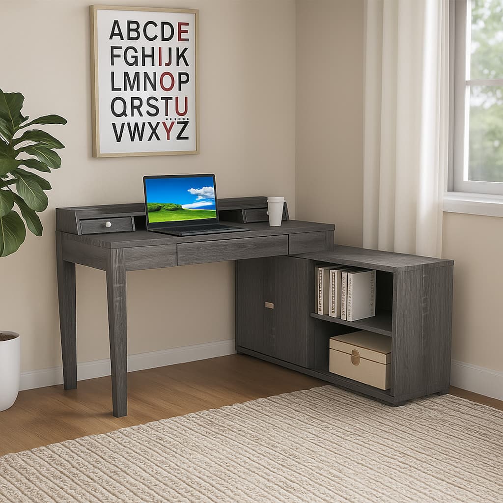 Working Desk with Credenza, 3 Drawers, 55 Inch, Gray and Silver