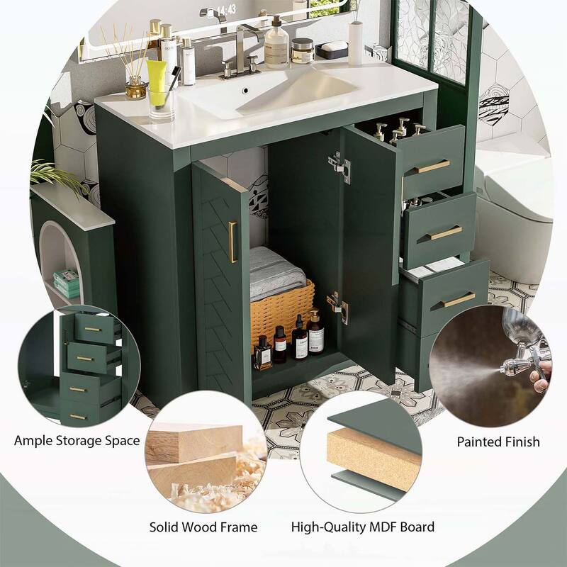 Wood Frame Bathroom Storage Cabinet,with Ceramic Sink Combo