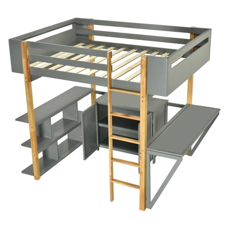 Space-Saving Twin Size Wooden Loft Platform Bed Frame with Storage Cabinet and Foldable Desk, Modern and Stylish for Bedroom
