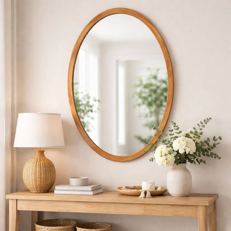 33 Inch Modern Accent Wall Mirror, Mountable Oval Wood Frame in Brown