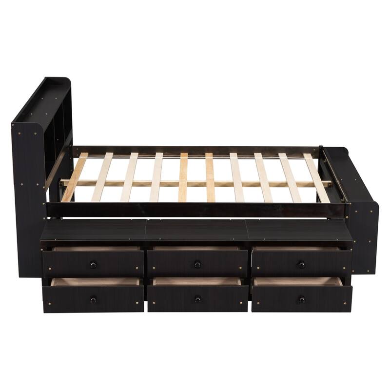 Full Bed with Bookcase Headboard, Under bed Storage Drawers