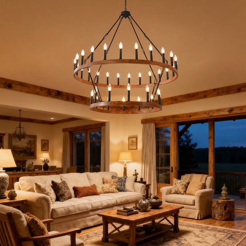 47.24 Inch Large Wagon Wheel Chandelier,2Tier 36-Lights Farmhouse Industrial Country Style Fixture E12