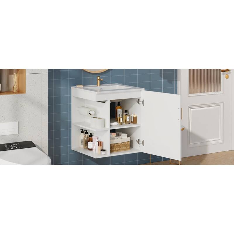 Roomfitters 20 Inch Wall Mounted Bathroom Vanity & Side Cabinet Combo, Floating Storage Station with Sink