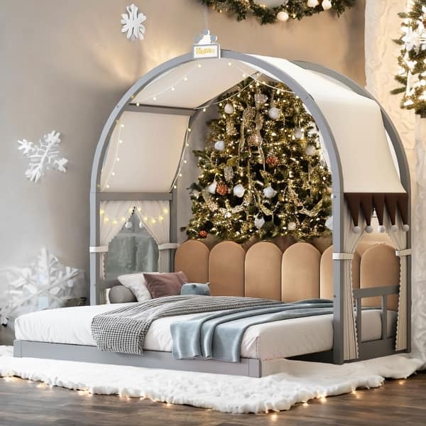 slide 2 of 16, Kids Extended Bed With Arched Roof Light Strip Interactive Whiteboard DIY Decoration Grey