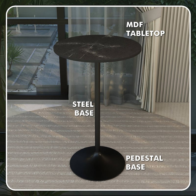 LeisureMod Verve 27" Bar Height Dining Table with MDF Round Top in Black Marbleized