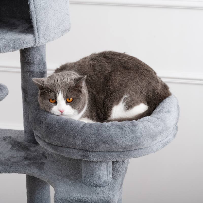 Cat Tree,Cat Tower for Indoor Cats, Plush Multi-Level Cat Condo with 3 Perches,2 Caves, Cozy Basket and Scratching Board - Grey