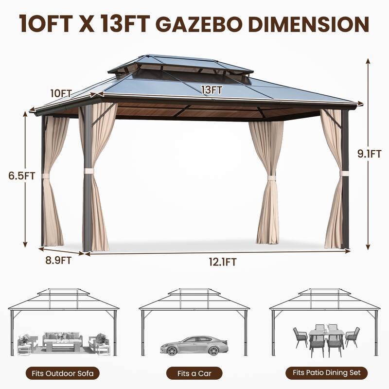 Hardtop Gazebo for Backyard – Permanent Pergola with Netting, Curtains & Double Roof, All-Weather Outdoor Shelter