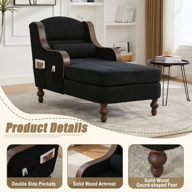 Ergonomic Chaise Lounge Indoor Chenille Single Lazy Sleeper Sofa Bed with Side Pockets, Solid Wood Armrests and Foots