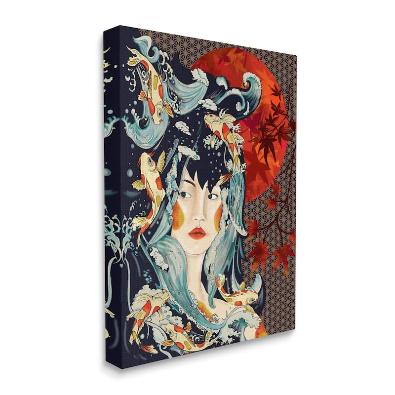 Stupell Regal Female Abstract Portrait Geometric Pattern Koi Fish Canvas Wall Art - Multi-Color