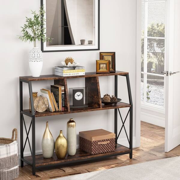 43 Inch Console Table With 2 Drawers & Shelves - Entryway Sofa Table For Living Room, Hallway, Kitchen | Grey Farmhouse Style, Sturdy MDF & Metal