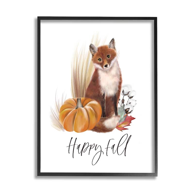Stupell Happy Fall Scenic Autumn Fox Pumpkin Botanicals Framed Wall Art, Design by Studio Q - Brown - 16 x 20 - Black