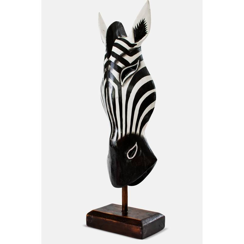 20" Wooden Tribal Striped Black White Zebra Mask with Stand Hand Carved Home Decor Accent Sculpture Decoration Handmade