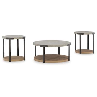Hein 3pc Coffee n End Table Set, Gray Round Top w Shelf and Wheels
