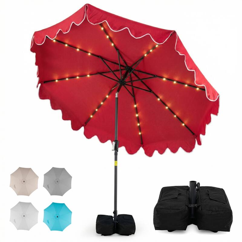 Gymax 9 FT Outdoor Patio Umbrella w/32 Solar LED Lights & Weighted - Red