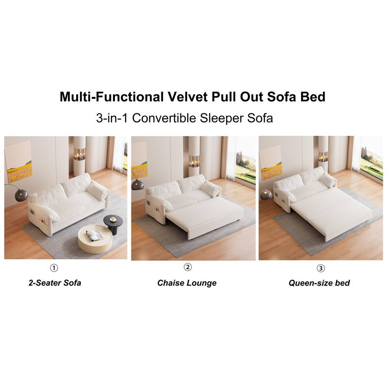 Multi-Functional 63.8" Queen Pull Out Sofa Bed with Side Storage and Wheels - 3-in-1 Convertible Sleeper Sofa