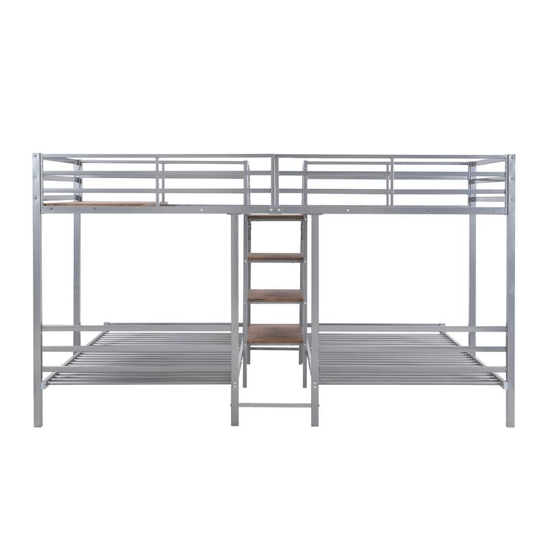 Metal Triple Bunk Bed with Built-in Shelves, Twin over Twin & Twin, No Box Spring Needed