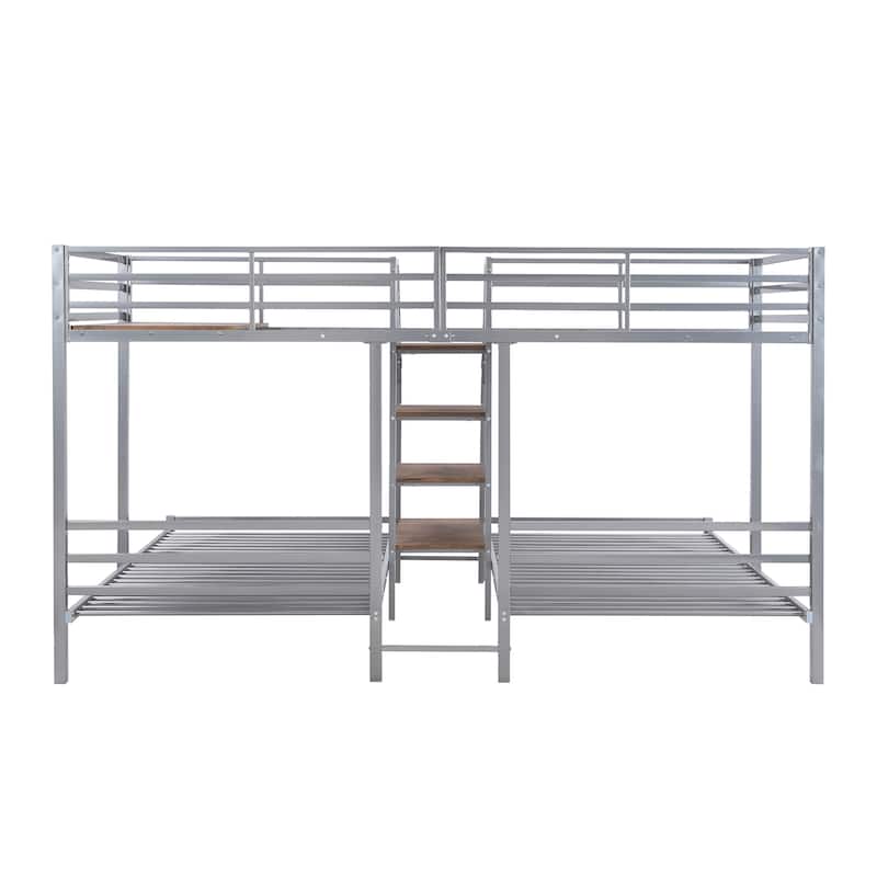 Metal Twin over Twin & Twin Bunk Bed with Storage Shelves Staircase, Triple Bunk Bed Frame, No Box Spring Needed for Kids