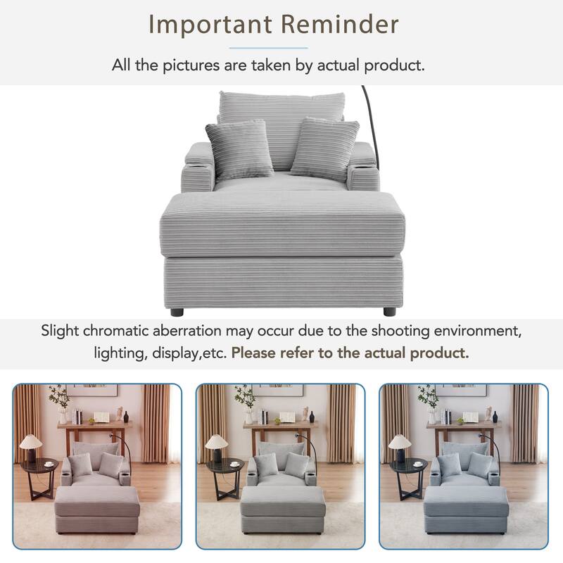 Modern Single Sofa with Movable Ottoman, Hidden Storage, USB Ports, Cup Holders and Phone Holder for Living Room