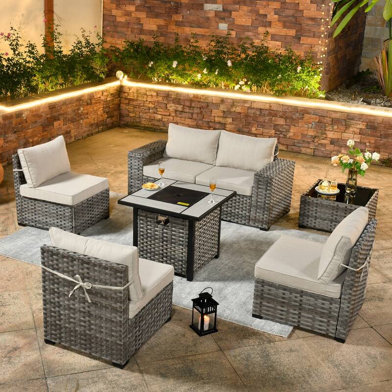 OVIOS Patio Wicker Furniture Wide Arm 7-piece Fire Pit Set with Table