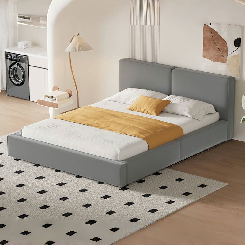 Elegant Queen Velvet Platform Bed, Grounded Design with Strong MDF Frame - Grey