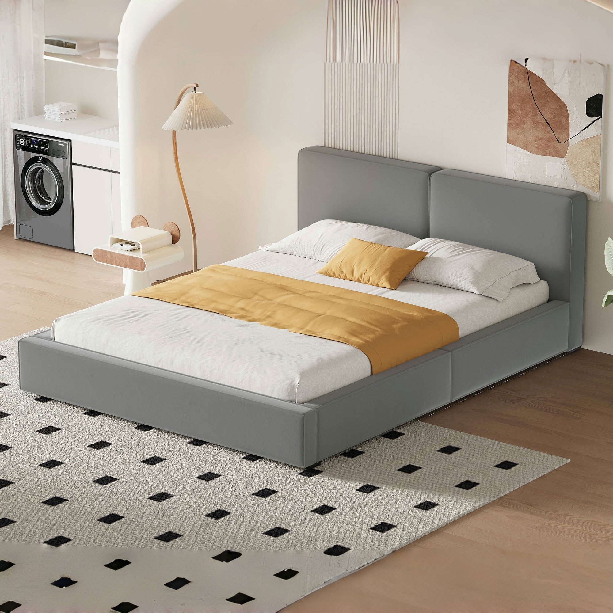 Gray Queen Size Upholstered Platform Bed with Velvet Fabric and Solid Frame