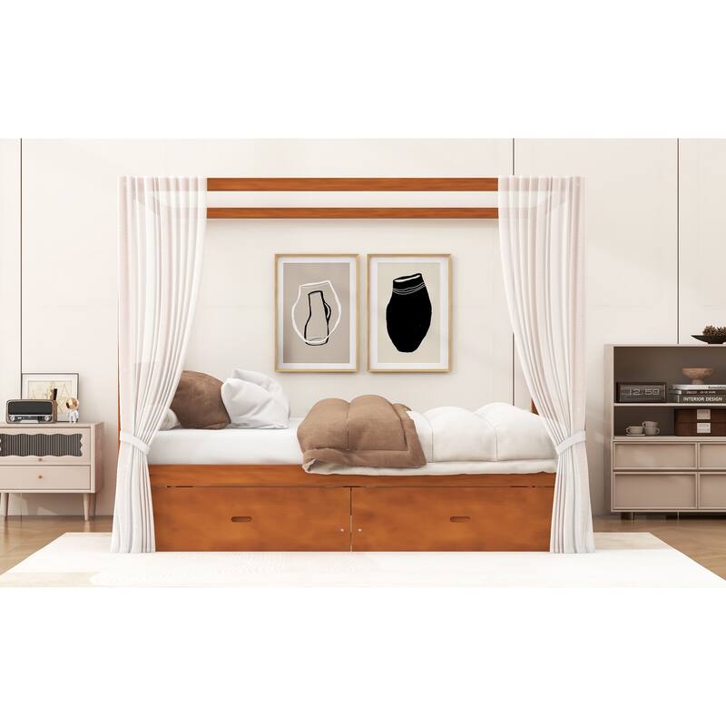 Roomfitters Queen/King Wooden Canopy Bed with 2 Storage Drawers, Solid Wood Frame, Walnut