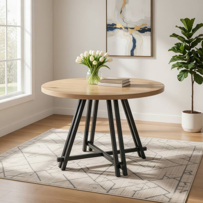 Tete 47 Inch Dining Table, Solid Brown Wood Round Top, Black Metal Base
