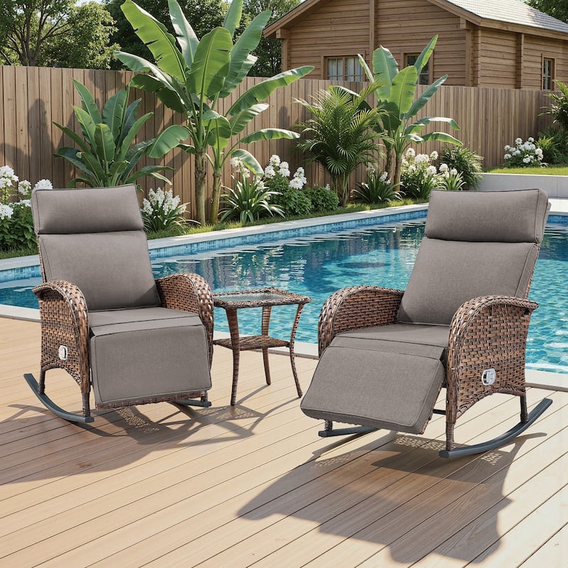 Meyreso Wicker Rocking Reclining Chaise Lounge with Adjustable Backrest & Footrest